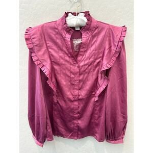 CALLIGRAPHIE | Ruffle Trim Satin Blouse Magenta Pink Victorian Style NWT Medium